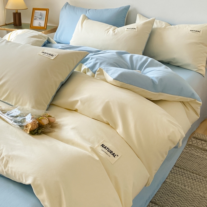 91家纺网 家纺一手货源 找家纺 昊翔家纺 2025新款13372全棉纯色四件套无印良品风简约套件 奶白-海青