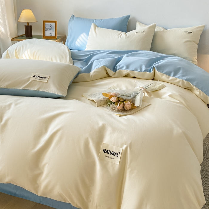 91家纺网 家纺一手货源 找家纺 昊翔家纺 2025新款13372全棉纯色四件套无印良品风简约套件 奶白-海青