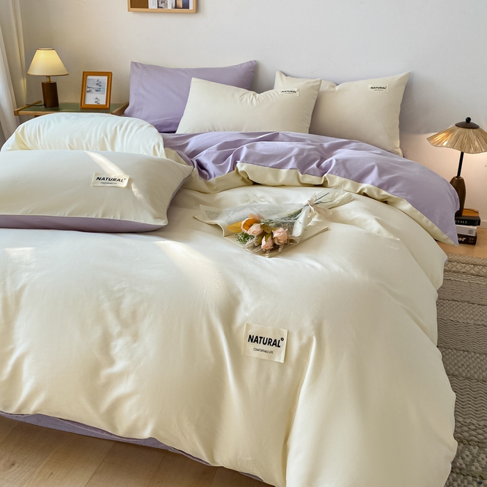 91家纺网 家纺一手货源 找家纺 昊翔家纺 2025新款13372全棉纯色四件套无印良品风简约套件 奶白-灰紫