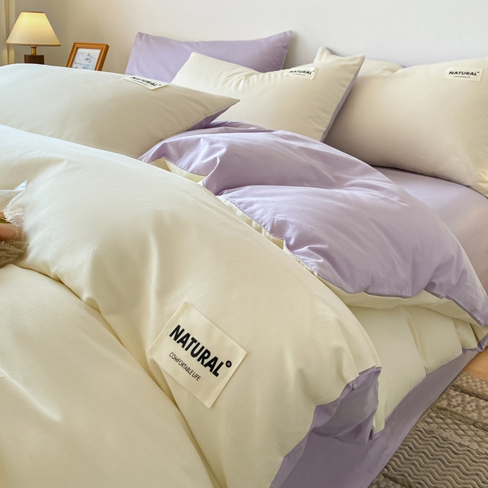 91家纺网 家纺一手货源 找家纺 昊翔家纺 2025新款13372全棉纯色四件套无印良品风简约套件 奶白-灰紫