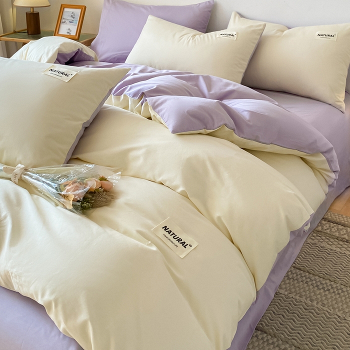 91家纺网 家纺一手货源 找家纺 昊翔家纺 2025新款13372全棉纯色四件套无印良品风简约套件 奶白-灰紫