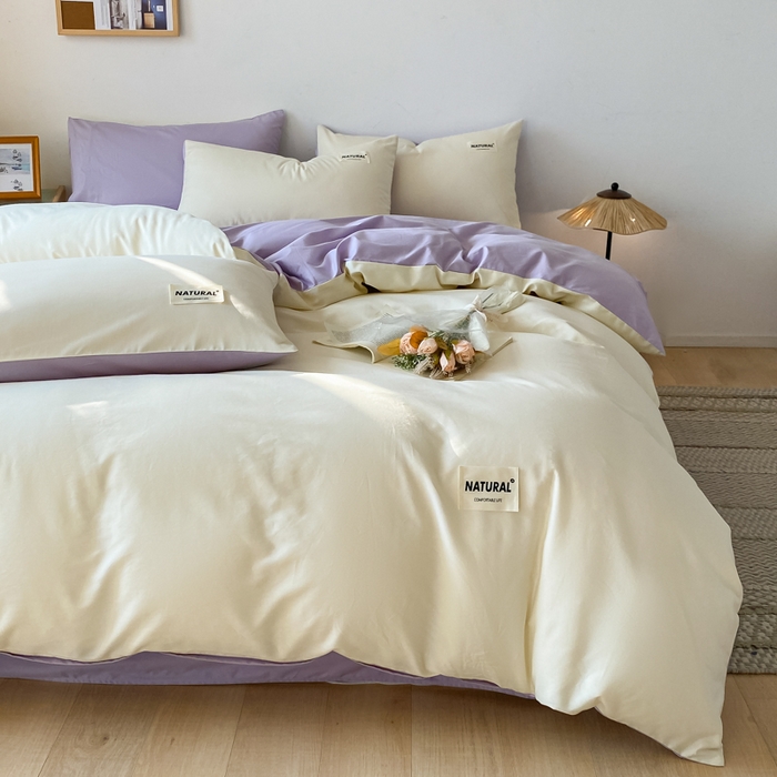 91家纺网 家纺一手货源 找家纺 昊翔家纺 2025新款13372全棉纯色四件套无印良品风简约套件 奶白-灰紫