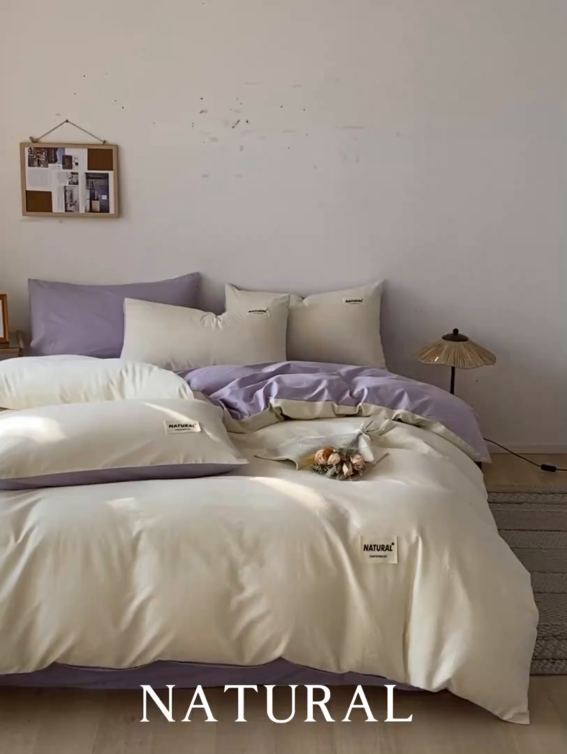 91家纺网 家纺一手货源 找家纺 昊翔家纺 2025新款13372全棉纯色四件套无印良品风简约套件 奶白-灰紫