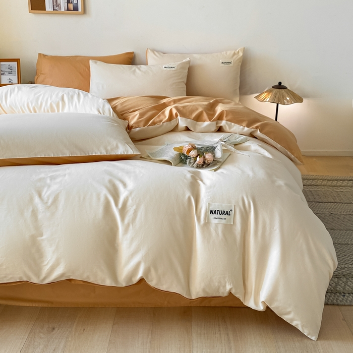 91家纺网 家纺一手货源 找家纺 昊翔家纺 2025新款13372全棉纯色四件套无印良品风简约套件 奶白-桔黄