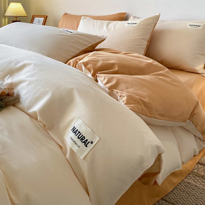 91家纺网 家纺一手货源 找家纺 昊翔家纺 2025新款13372全棉纯色四件套无印良品风简约套件 奶白-桔黄