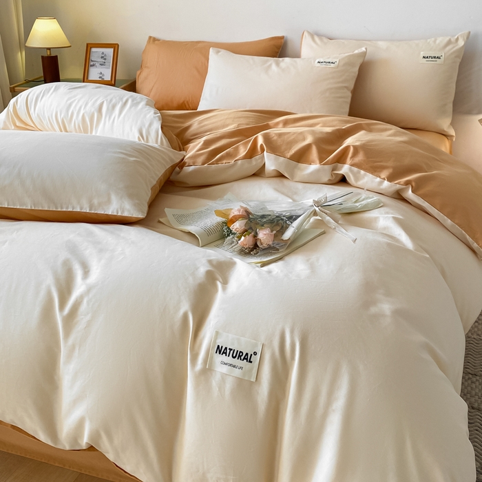 91家纺网 家纺一手货源 找家纺 昊翔家纺 2025新款13372全棉纯色四件套无印良品风简约套件 奶白-桔黄