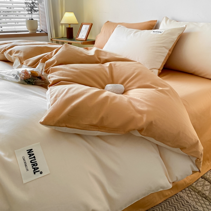 91家纺网 家纺一手货源 找家纺 昊翔家纺 2025新款13372全棉纯色四件套无印良品风简约套件 奶白-桔黄