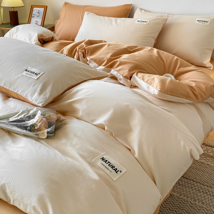 91家纺网 家纺一手货源 找家纺 昊翔家纺 2025新款13372全棉纯色四件套无印良品风简约套件 奶白-桔黄