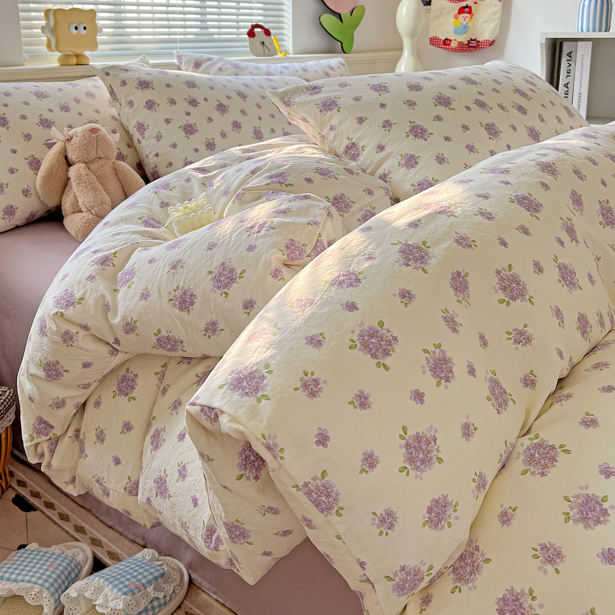 91家纺网 家纺一手货源 找家纺 （总）优选 2025新款加厚爆款小布袋韩国古法高克重水洗棉床单学生三件套床笠款四件套