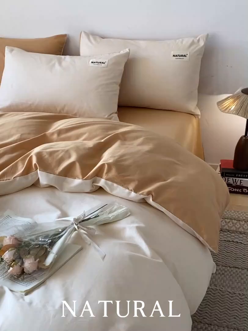 91家纺网 家纺一手货源 找家纺 昊翔家纺 2025新款13372全棉纯色四件套无印良品风简约套件 奶白-桔黄
