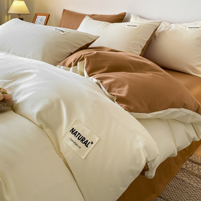 91家纺网 家纺一手货源 找家纺 昊翔家纺 2025新款13372全棉纯色四件套无印良品风简约套件 奶白-卡其