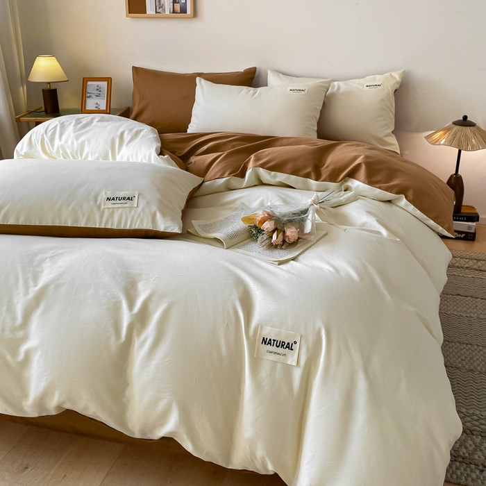 91家纺网 家纺一手货源 找家纺 昊翔家纺 2025新款13372全棉纯色四件套无印良品风简约套件 奶白-卡其