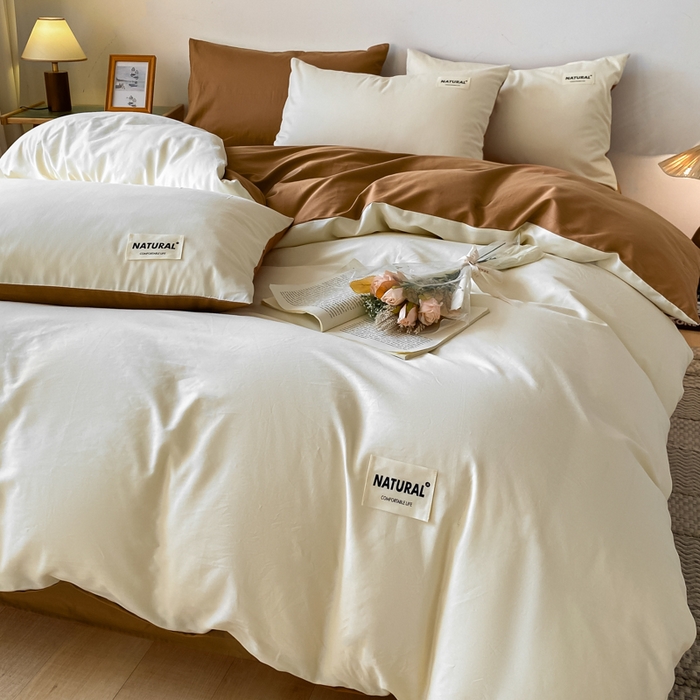 91家纺网 家纺一手货源 找家纺 昊翔家纺 2025新款13372全棉纯色四件套无印良品风简约套件 奶白-卡其