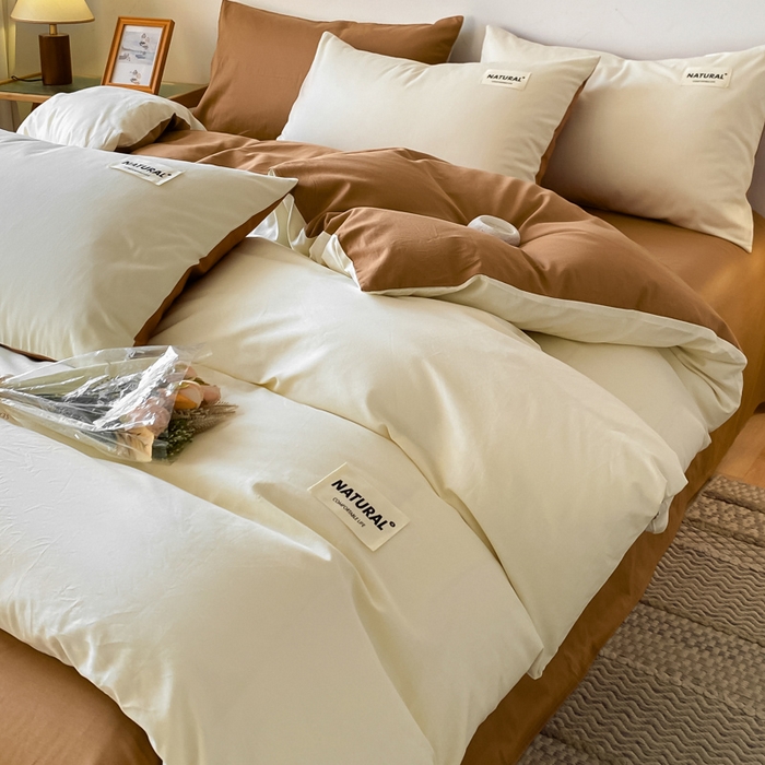 91家纺网 家纺一手货源 找家纺 昊翔家纺 2025新款13372全棉纯色四件套无印良品风简约套件 奶白-卡其