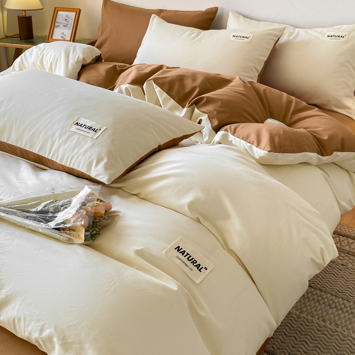 91家纺网 家纺一手货源 找家纺 昊翔家纺 2025新款13372全棉纯色四件套无印良品风简约套件 奶白-卡其