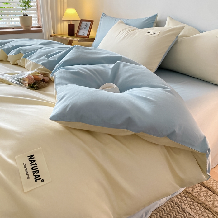 91家纺网 家纺一手货源 找家纺 昊翔家纺 2025新款13372全棉纯色四件套无印良品风简约套件 奶白-浅蓝