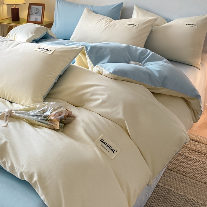 91家纺网 家纺一手货源 找家纺 昊翔家纺 2025新款13372全棉纯色四件套无印良品风简约套件 奶白-浅蓝