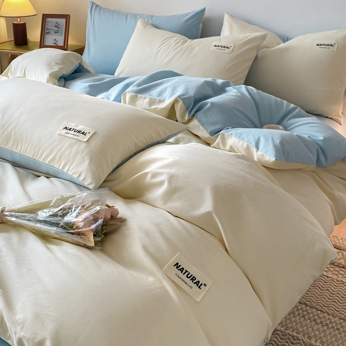91家纺网 家纺一手货源 找家纺 昊翔家纺 2025新款13372全棉纯色四件套无印良品风简约套件 奶白-浅蓝