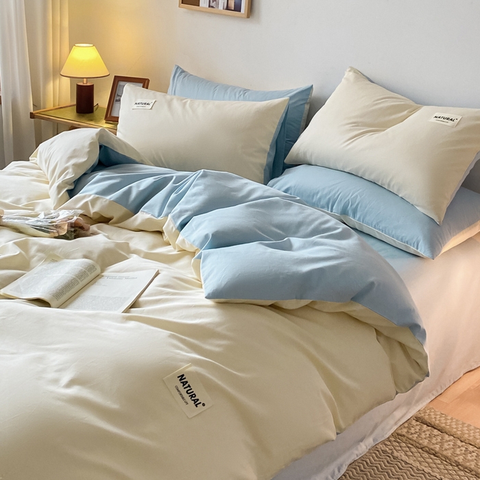 91家纺网 家纺一手货源 找家纺 昊翔家纺 2025新款13372全棉纯色四件套无印良品风简约套件 奶白-浅蓝