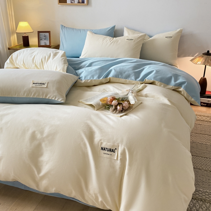 91家纺网 家纺一手货源 找家纺 昊翔家纺 2025新款13372全棉纯色四件套无印良品风简约套件 奶白-浅蓝