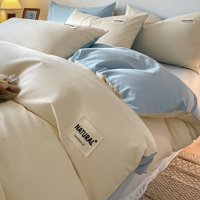91家纺网 家纺一手货源 找家纺 昊翔家纺 2025新款13372全棉纯色四件套无印良品风简约套件 奶白-浅蓝