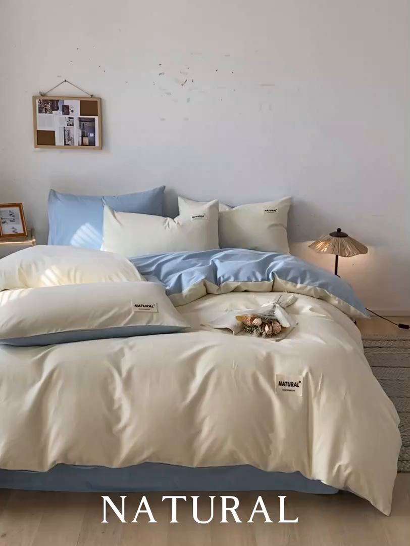 91家纺网 家纺一手货源 找家纺 昊翔家纺 2025新款13372全棉纯色四件套无印良品风简约套件 奶白-浅蓝