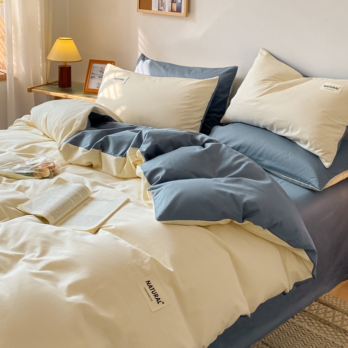 91家纺网 家纺一手货源 找家纺 昊翔家纺 2025新款13372全棉纯色四件套无印良品风简约套件 奶白-深蓝