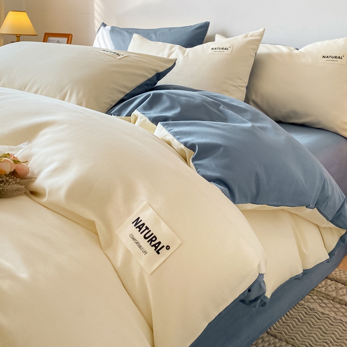 91家纺网 家纺一手货源 找家纺 昊翔家纺 2025新款13372全棉纯色四件套无印良品风简约套件 奶白-深蓝