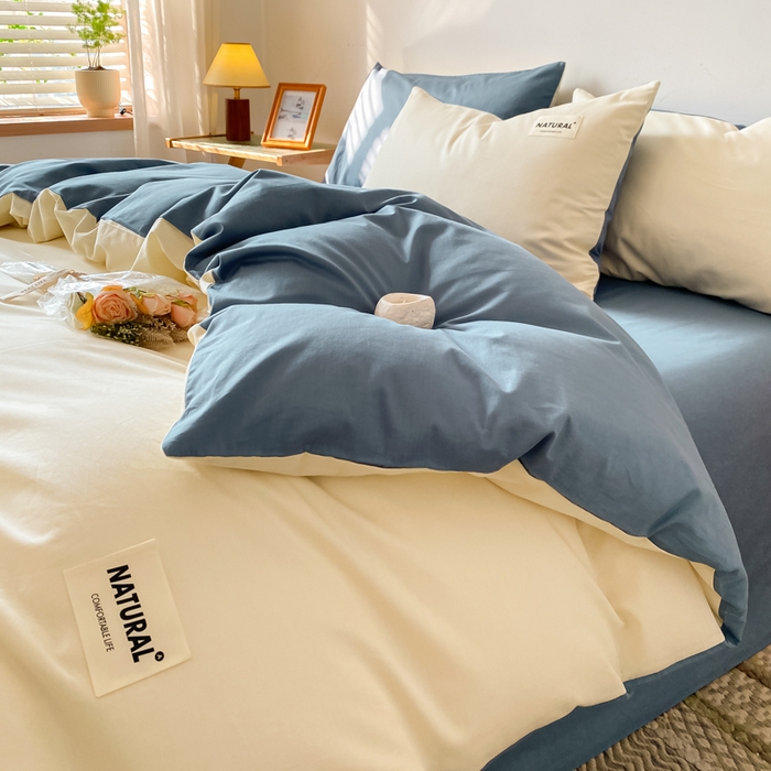 91家纺网 家纺一手货源 找家纺 昊翔家纺 2025新款13372全棉纯色四件套无印良品风简约套件 奶白-深蓝