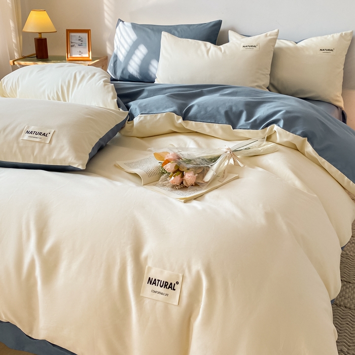 91家纺网 家纺一手货源 找家纺 昊翔家纺 2025新款13372全棉纯色四件套无印良品风简约套件 奶白-深蓝