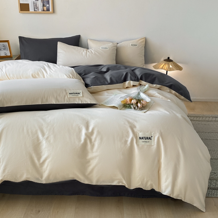 91家纺网 家纺一手货源 找家纺 昊翔家纺 2025新款13372全棉纯色四件套无印良品风简约套件 奶茶-深灰