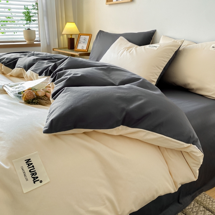 91家纺网 家纺一手货源 找家纺 昊翔家纺 2025新款13372全棉纯色四件套无印良品风简约套件 奶茶-深灰