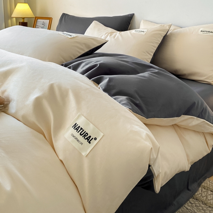 91家纺网 家纺一手货源 找家纺 昊翔家纺 2025新款13372全棉纯色四件套无印良品风简约套件 奶茶-深灰