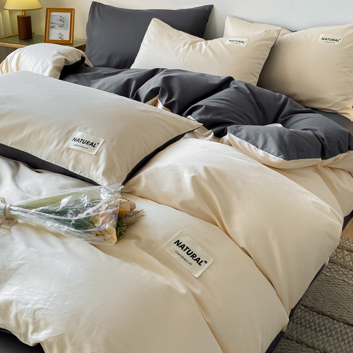 91家纺网 家纺一手货源 找家纺 昊翔家纺 2025新款13372全棉纯色四件套无印良品风简约套件 奶茶-深灰