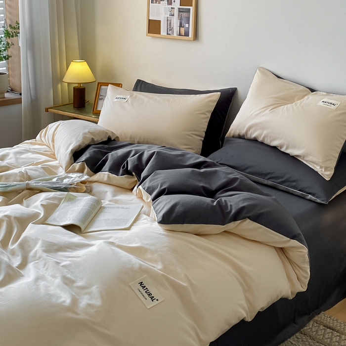 91家纺网 家纺一手货源 找家纺 昊翔家纺 2025新款13372全棉纯色四件套无印良品风简约套件 奶茶-深灰