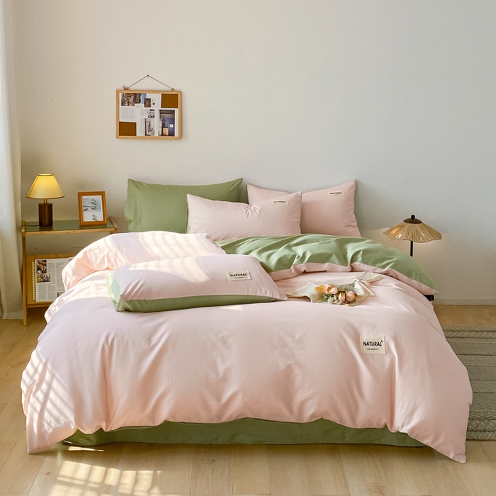 昊翔家纺 2025新款13372全棉纯色四件套无印良品风简约套件 奶油粉-果绿
