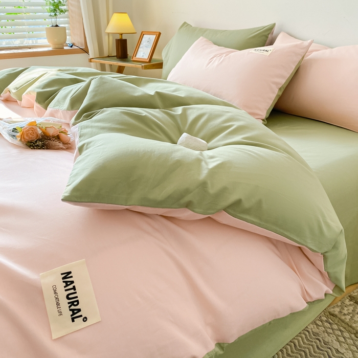 91家纺网 家纺一手货源 找家纺 昊翔家纺 2025新款13372全棉纯色四件套无印良品风简约套件 奶油粉-果绿