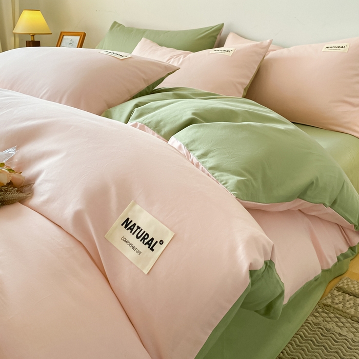 91家纺网 家纺一手货源 找家纺 昊翔家纺 2025新款13372全棉纯色四件套无印良品风简约套件 奶油粉-果绿