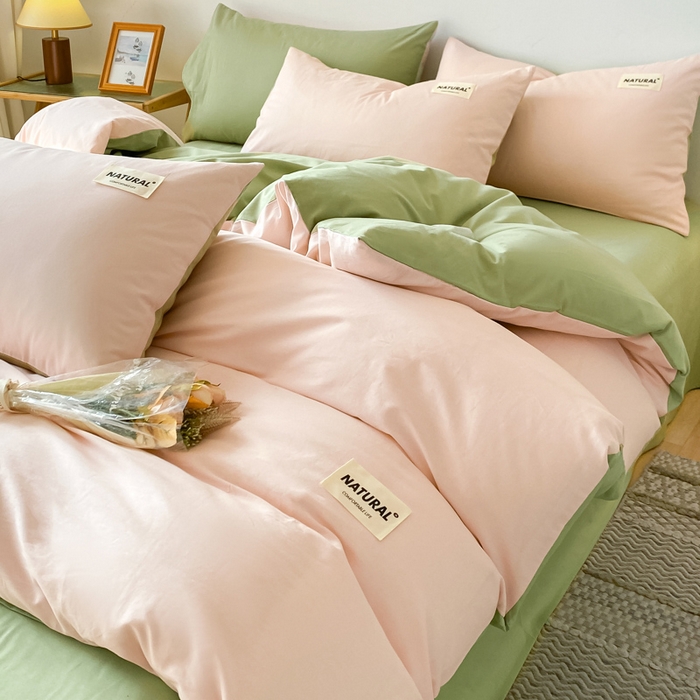 91家纺网 家纺一手货源 找家纺 昊翔家纺 2025新款13372全棉纯色四件套无印良品风简约套件 奶油粉-果绿
