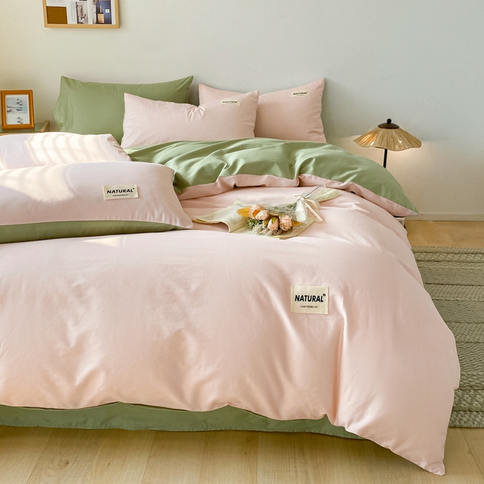 91家纺网 家纺一手货源 找家纺 昊翔家纺 2025新款13372全棉纯色四件套无印良品风简约套件 奶油粉-果绿