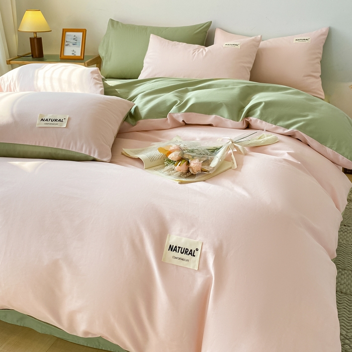 91家纺网 家纺一手货源 找家纺 昊翔家纺 2025新款13372全棉纯色四件套无印良品风简约套件 奶油粉-果绿