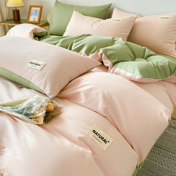 91家纺网 家纺一手货源 找家纺 昊翔家纺 2025新款13372全棉纯色四件套无印良品风简约套件 奶油粉-果绿