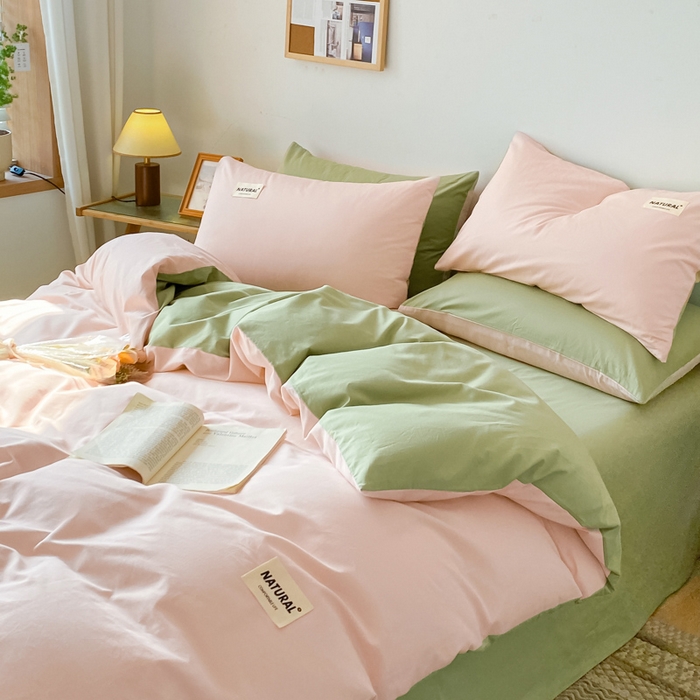 91家纺网 家纺一手货源 找家纺 昊翔家纺 2025新款13372全棉纯色四件套无印良品风简约套件 奶油粉-果绿