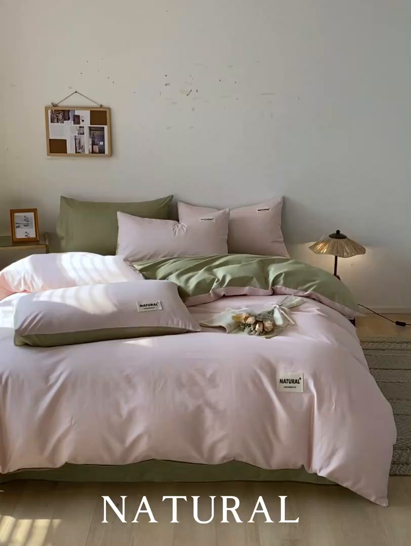 91家纺网 家纺一手货源 找家纺 昊翔家纺 2025新款13372全棉纯色四件套无印良品风简约套件 奶油粉-果绿