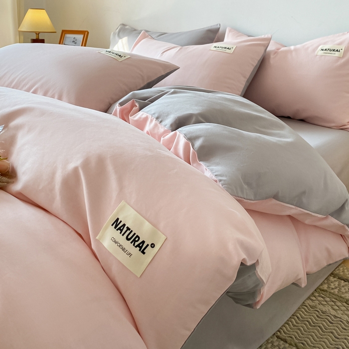 91家纺网 家纺一手货源 找家纺 昊翔家纺 2025新款13372全棉纯色四件套无印良品风简约套件 奶油粉-浅灰