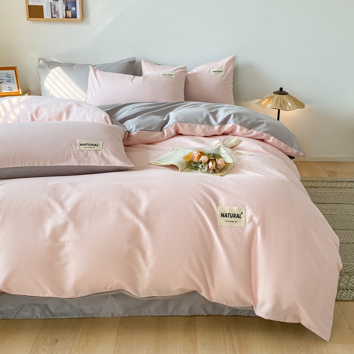 91家纺网 家纺一手货源 找家纺 昊翔家纺 2025新款13372全棉纯色四件套无印良品风简约套件 奶油粉-浅灰