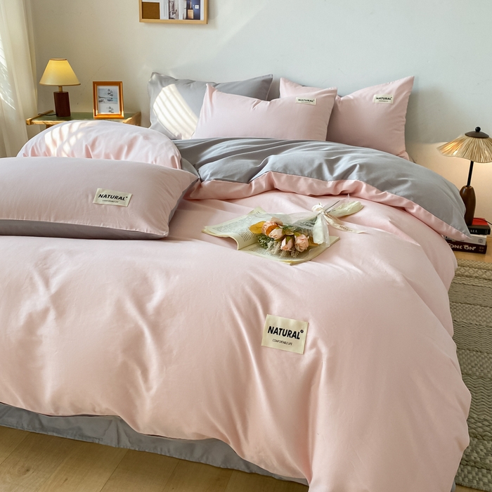 91家纺网 家纺一手货源 找家纺 昊翔家纺 2025新款13372全棉纯色四件套无印良品风简约套件 奶油粉-浅灰