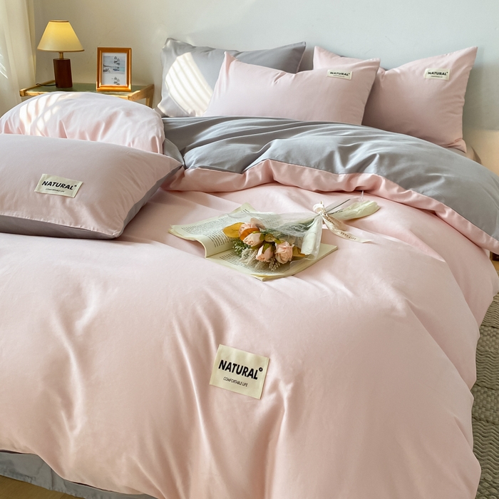 91家纺网 家纺一手货源 找家纺 昊翔家纺 2025新款13372全棉纯色四件套无印良品风简约套件 奶油粉-浅灰