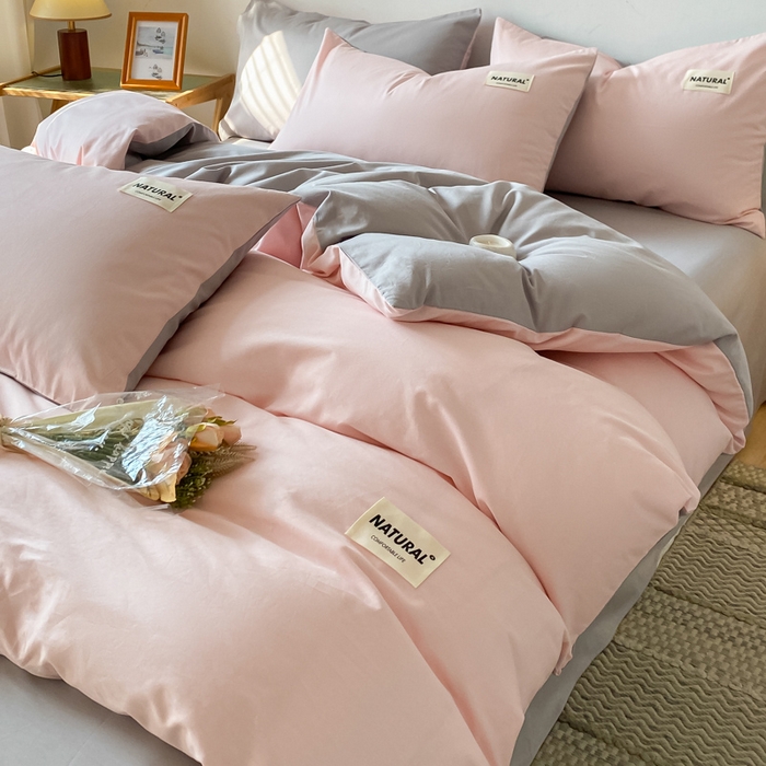 91家纺网 家纺一手货源 找家纺 昊翔家纺 2025新款13372全棉纯色四件套无印良品风简约套件 奶油粉-浅灰