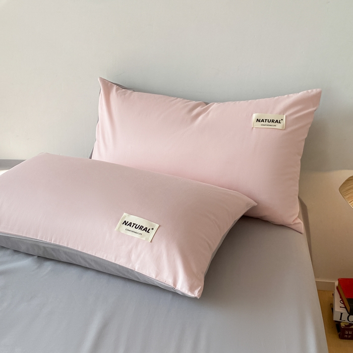 91家纺网 家纺一手货源 找家纺 昊翔家纺 2025新款13372全棉纯色四件套无印良品风简约套件 奶油粉-浅灰